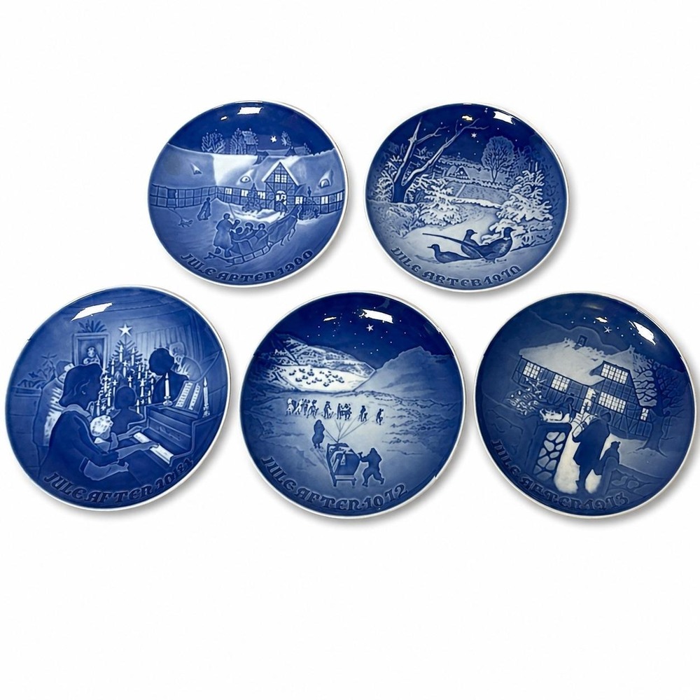 Lot of 5 Bing & Grondahl Christmas Plates: Danish Blue Porcelain Wall Decor 7"